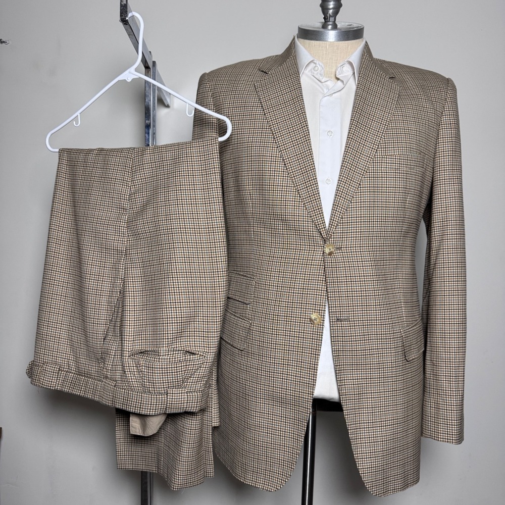Quality Custom Tailored Michael's Suit Mens 44L 37x32 Brown Houndstooth Wool